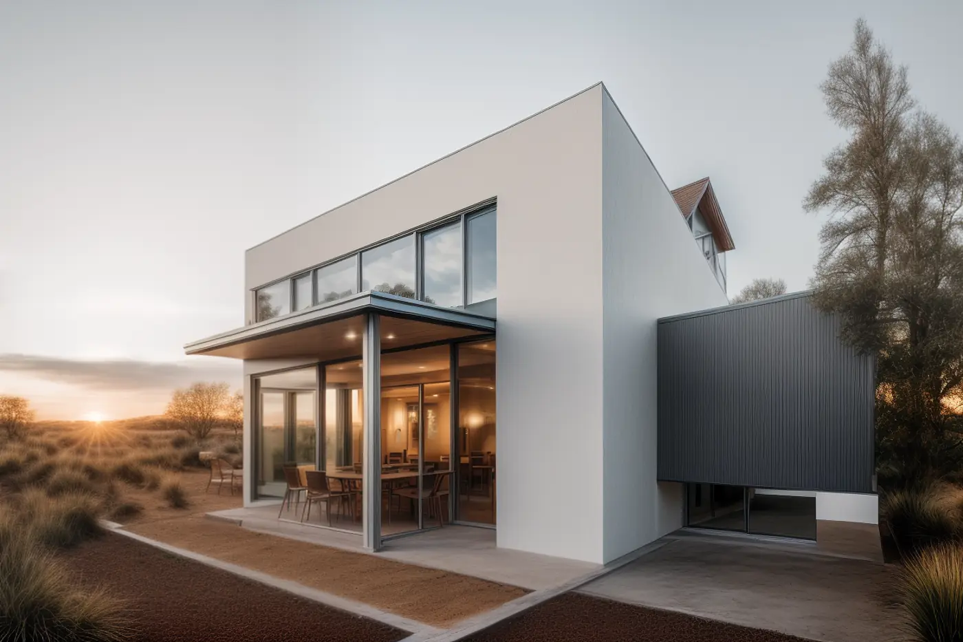 Modern residence exterior at dusk designed by Shree Vasuki Associate