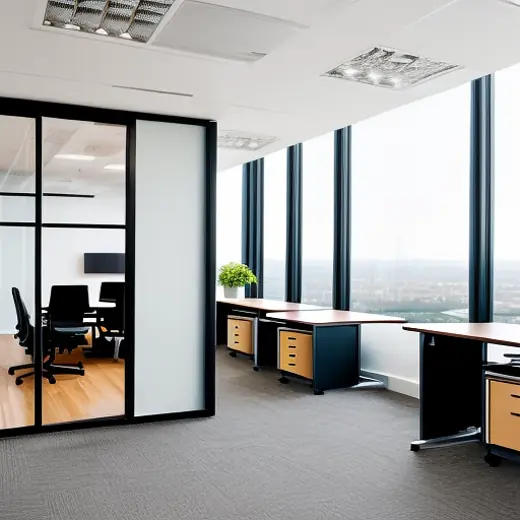 Office interior with glass partition cabins and open workstations