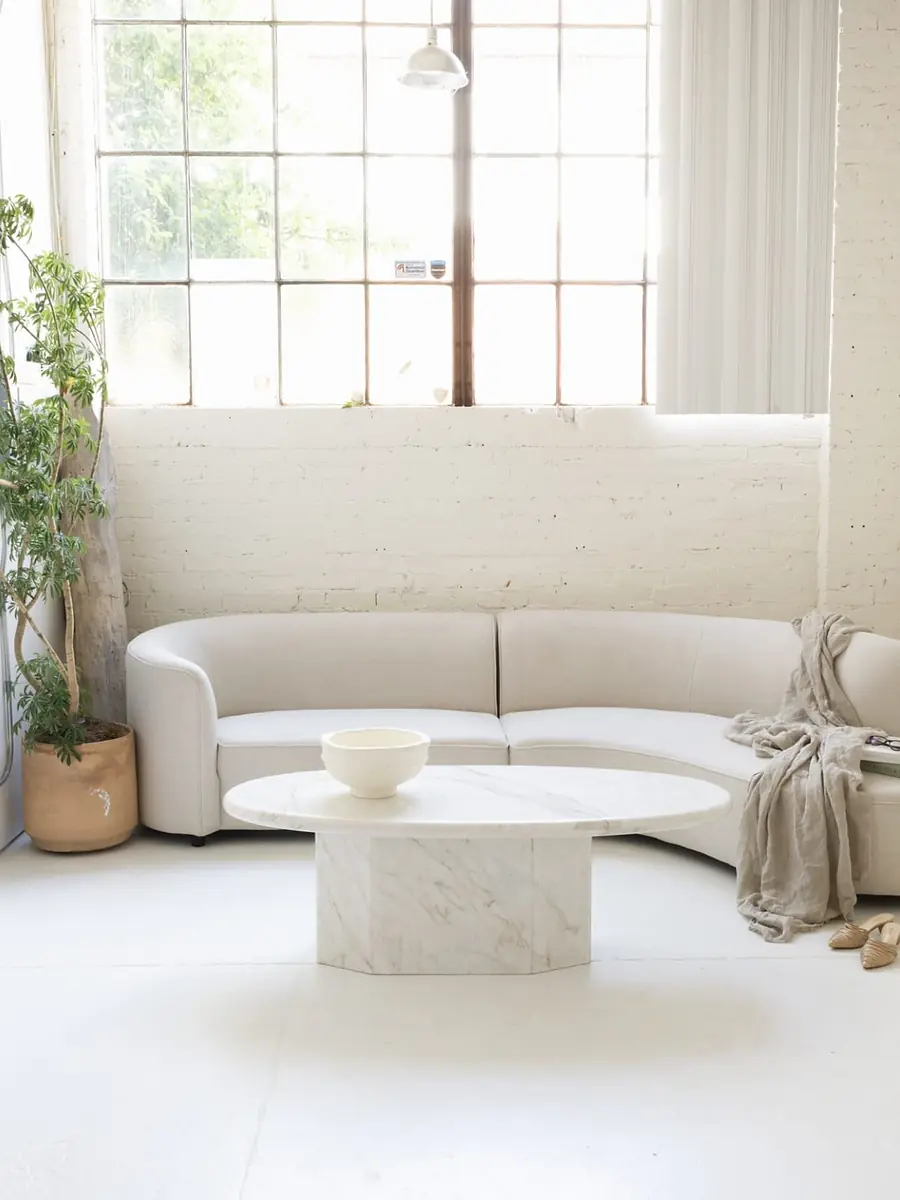 Minimal living room with curved sofa, residential interior design Mumbai